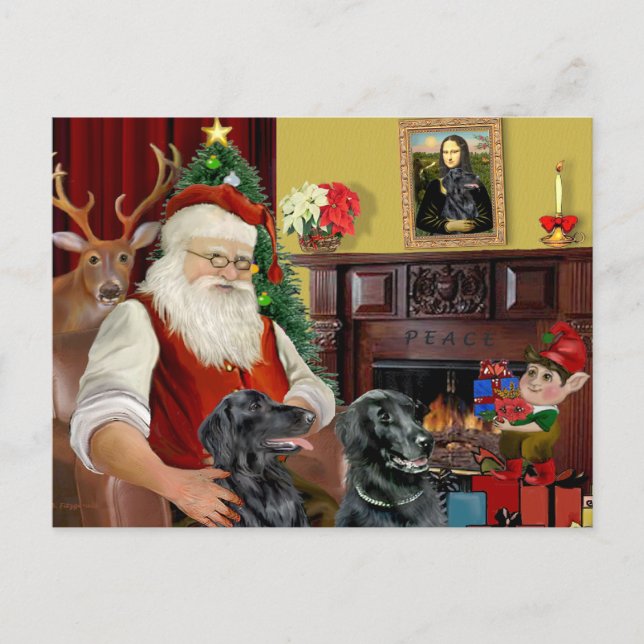 Santa's Two Flat Coated Retrievers Holiday Postcard (Front)