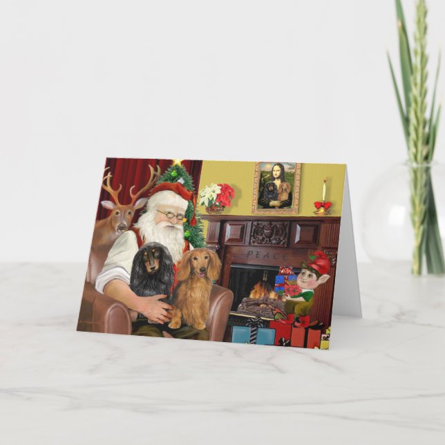 Santa's Two Long Haired Dachshunds Holiday Card (Front)