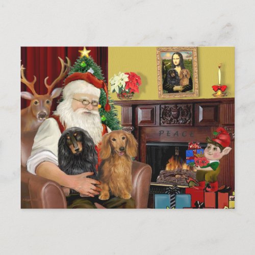 Santas Two Long Haired Dachshunds Holiday Postcard