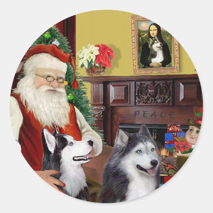 Santa's Two Siberian Huskies Round Stickers