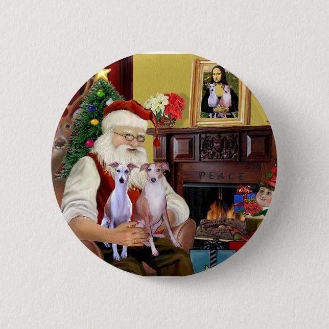 Santa's Two Whippets Pinback Button (Front)