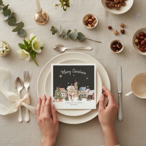 Santa's Village Watercolor Christmas Napkin
