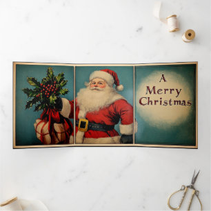 Santa's Vintage Greetings Tri-Fold Holiday Card