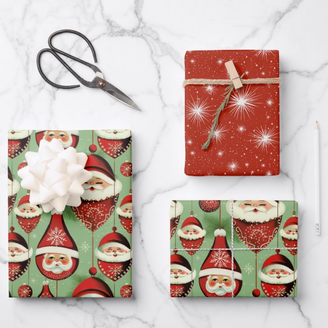 Santa's Vintage Ornament Delight Wrapping Paper Sheets (Front)