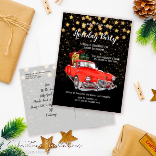 Santas Vintage Red Car Christmas Party Invitation Postcard
