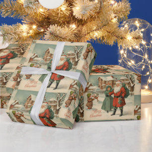 Santa's Visit Vintage Christmas Illustration Wrapping Paper