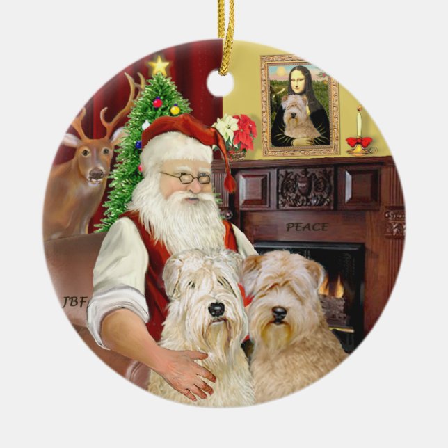 Santa's Wheaten terriers (TWO) Ceramic Ornament (Front)