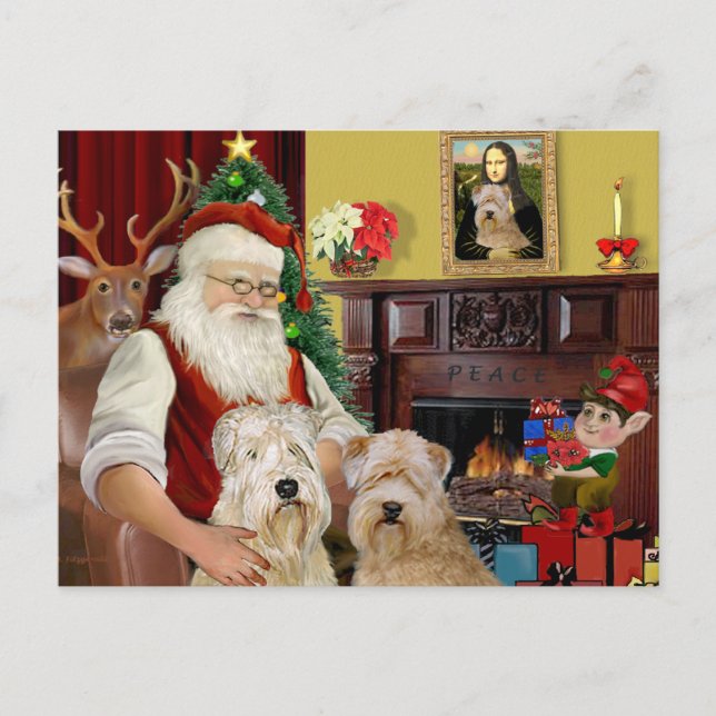 Santa's Wheaten Terriers (TWO) Holiday Postcard (Front)