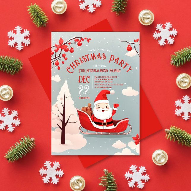 Santa's Whimsical Sleigh Ride Christmas Party Invitation (Creator Uploaded)