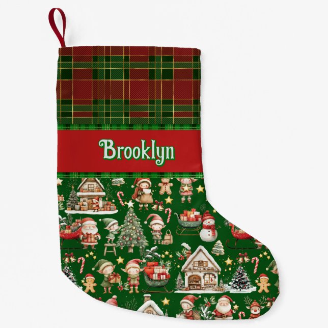 Santa's Workshop Busy Elves Christmas Red Green Small Christmas Stocking (Front)