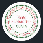 Santa's Workshop Christmas Gift Classic Round Sticker<br><div class="desc">These santa's workshop christmas gift stickers are perfect for a kids holiday gift. The design features an official north pole seal with the words "special delivery from santa's workshop - north pole" in a festive red font. Personalize the stickers with your child's name.</div>