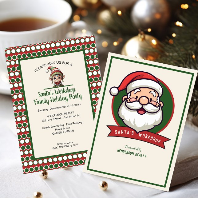 Santa's Workshop Christmas Holiday Party Invitation (Santa Clause party invitation for customer appreciation event.)