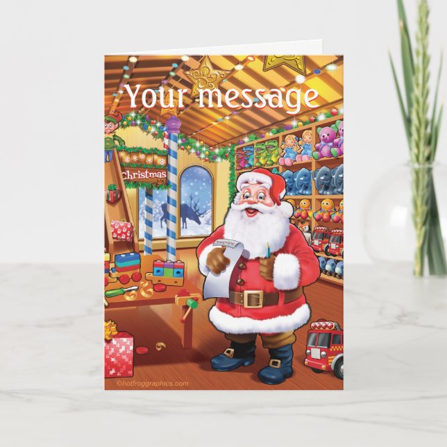santa's workshop cute fun christmas card (Front)
