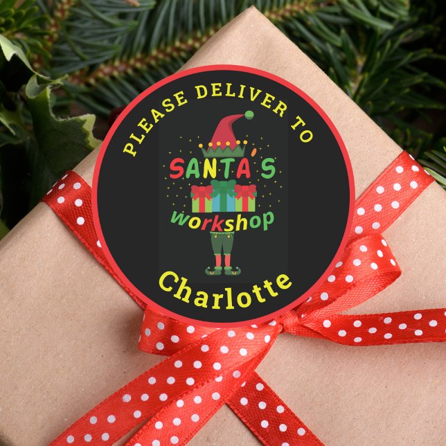 Santa's Workshop Delivery Personalized Holiday Classic Round Sticker (Creator Uploaded)