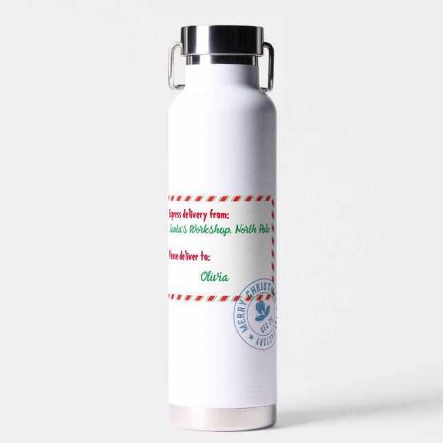Santa's Workshop Delivery Personalized Water Bottle (Front)