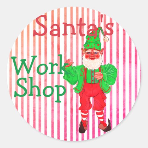Santas Workshop Elf Red and White Stripes Text Classic Round Sticker