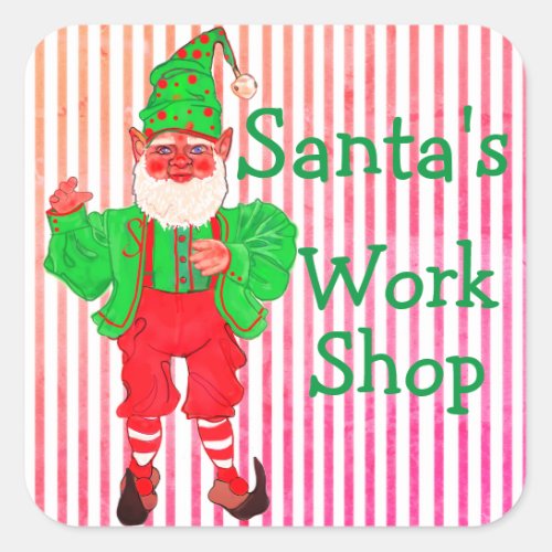 Santas Workshop Elf Red and White Stripes Text Square Sticker