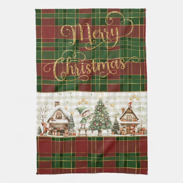 Santa's Workshop Elves Red Green Christmas Tartan  Kitchen Towel (Vertical)