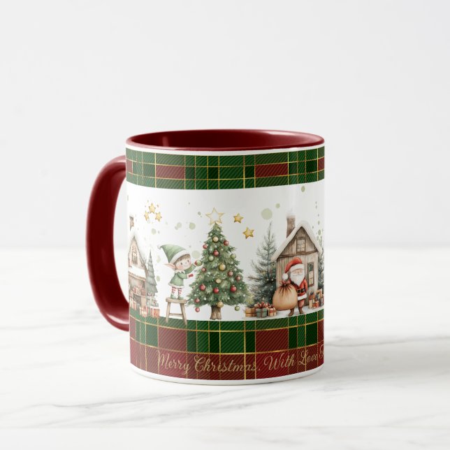 Santa's Workshop Elves Red Green Christmas Tartan Mug (Front Left)