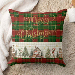 Santa's Workshop Elves Red Green Christmas Tartan Throw Pillow