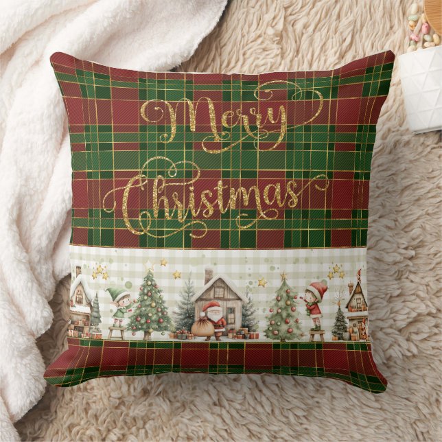 Santa's Workshop Elves Red Green Christmas Tartan  Throw Pillow (Blanket)