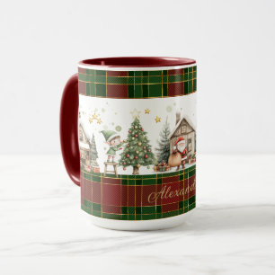 Santa's Workshop Elves Red Green Plaids Christmas Mug