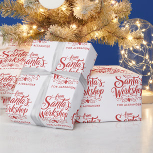 Santa's Workshop Modern Red And White Script Kids Wrapping Paper