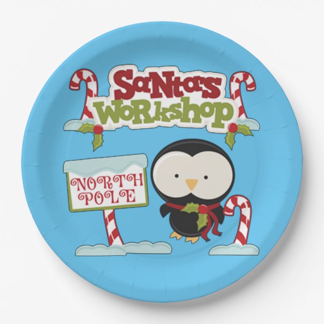 Santa's Workshop Penguin Paper Plates (Front)