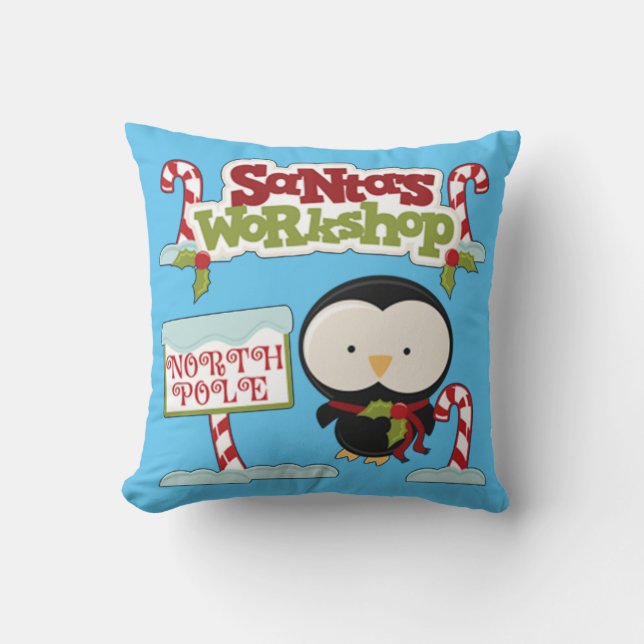 Santa's Workshop Penguin Throw Pillow (Front)