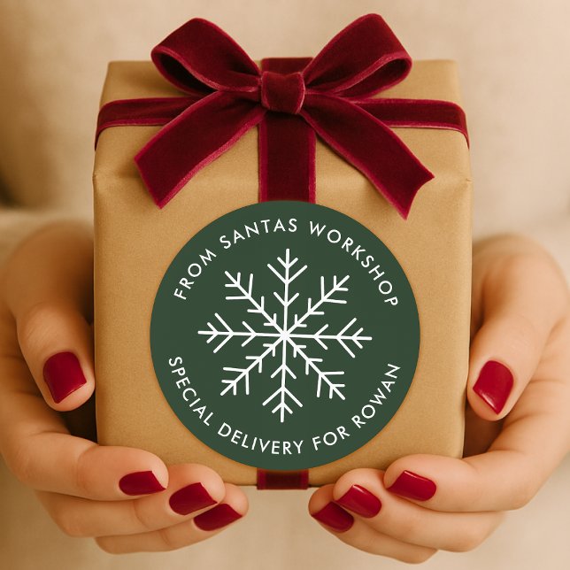 Santas Workshop Sticker | Christmas Delivery Label (Santa's workshop special delivery snowflake gift sticker seal)