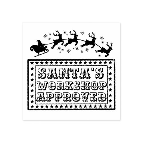 Santas workshop toy approval stamp with reindeer