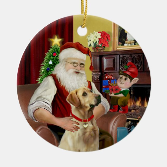 Santa's Yellow Lab (#8) Ceramic Ornament (Front)