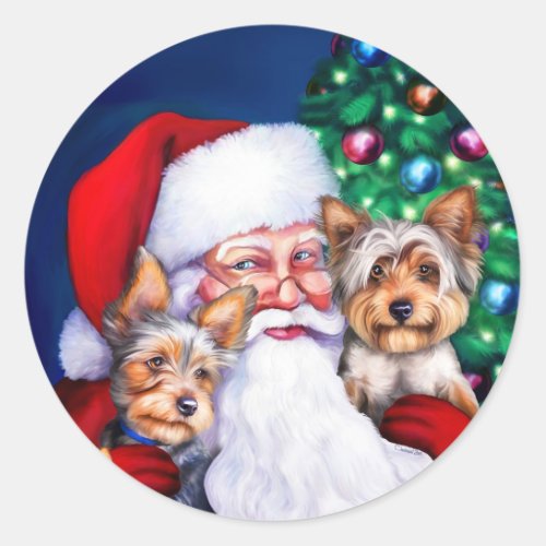 Santas Yorkies at Christmas Classic Round Sticker