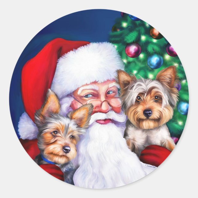 Santa's Yorkies at Christmas Classic Round Sticker (Front)