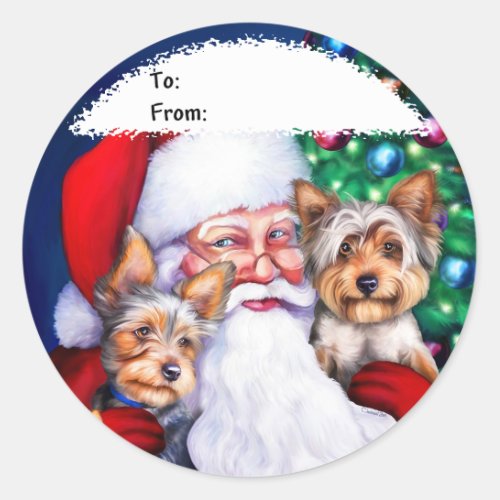 Santas Yorkies at Christmas Classic Round Sticker