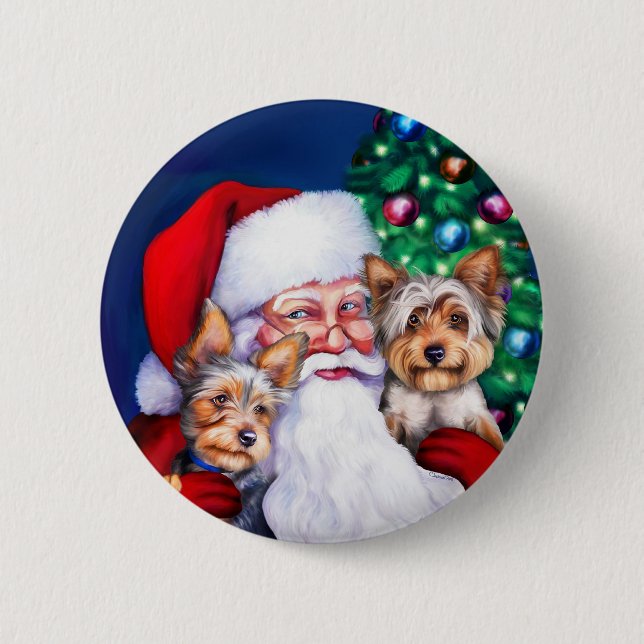 Santa's Yorkies at Christmas Pinback Button (Front)