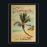 Santiago de Cuba Palm Tree Vintage Travel Postcard<br><div class="desc">A uniquely retro mid-century modern Santiago de Cuba art print in vintage travel poster style. It features a curved palm tree on sandy beach with ocean under a blue cloudy sky.</div>