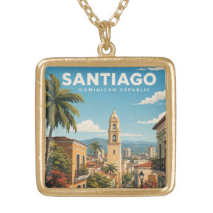 Santiago Dominican Republic Vintage Travel Poster Gold Plated Necklace