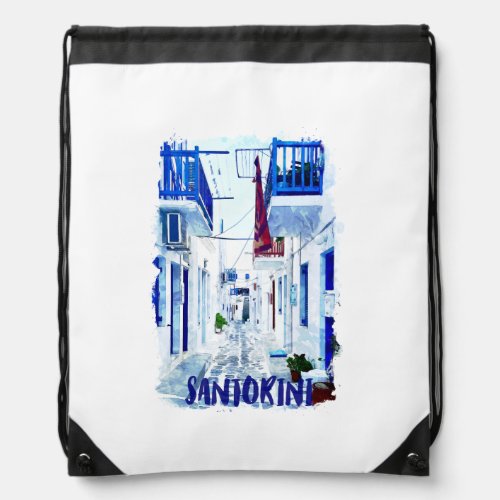Santorini Blue and White Travel Drawstring Bag