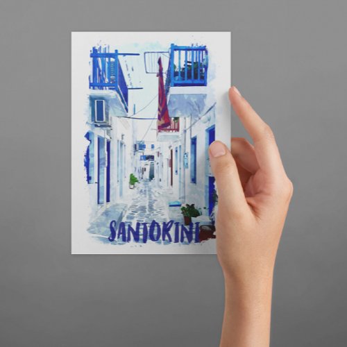 Santorini Blue and White Travel Postcard