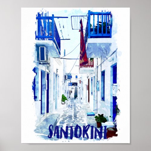 Santorini Blue and White Travel Poster