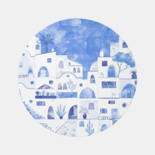 Santorini Blue and White Watercolor Art Outdoor Rug