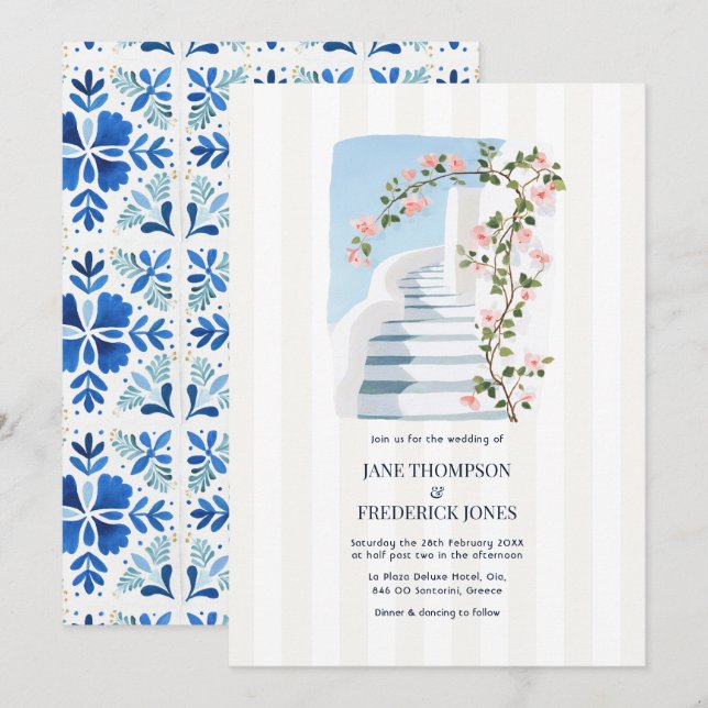 Santorini Blue Bougainvillea Greek Island Wedding Invitation (Front/Back)
