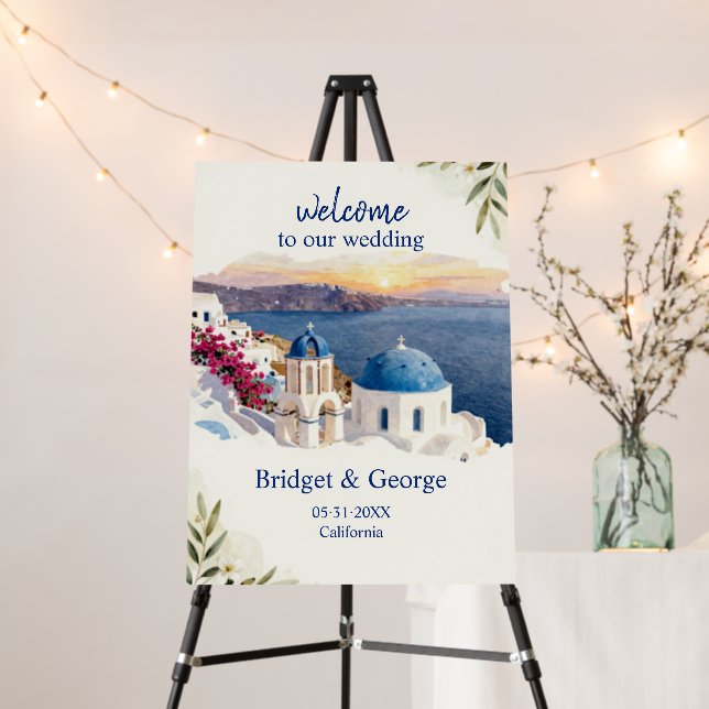 Santorini Blue Destination Wedding welcome Foam Board (In Situ (Stand))