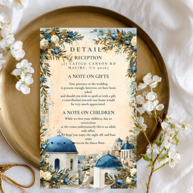 Santorini Blue Dome Botanical Destination Wedding Enclosure Card (Creator Uploaded)