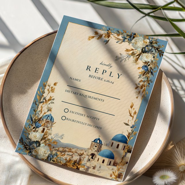 Santorini Blue Dome Botanical Elegance RSVP Card (Creator Uploaded)