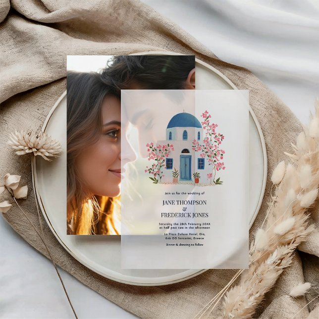 Santorini Blue Dome Bougainvillea Wedding Vellum Invitations (Santorini Blue Dome Bougainvillea Wedding Vellum Invitation)
