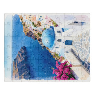 Santorini Blue Dome Watercolor Poster Jigsaw Puzzle