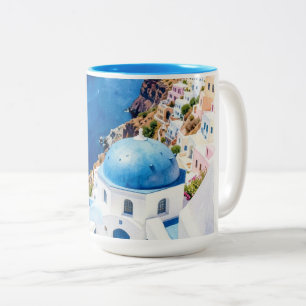 Santorini Blue Dome Watercolor Poster Two-Tone Coffee Mug