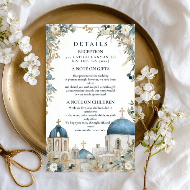 Santorini Blue Domes Botanical Wedding Enclosure Card (Creator Uploaded)